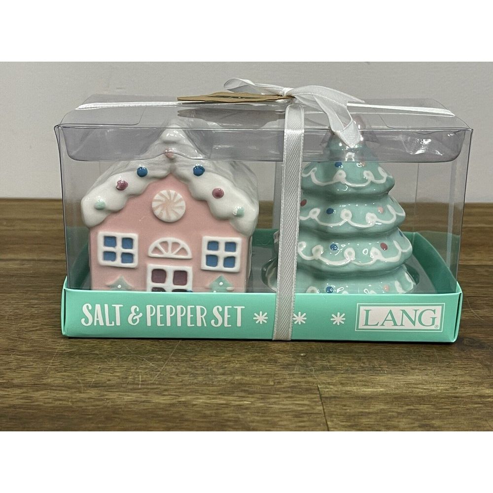 LANG Pastel Gingerbread House And Christmas Tree Salt And Pepper Shaker‎ Set NEW
